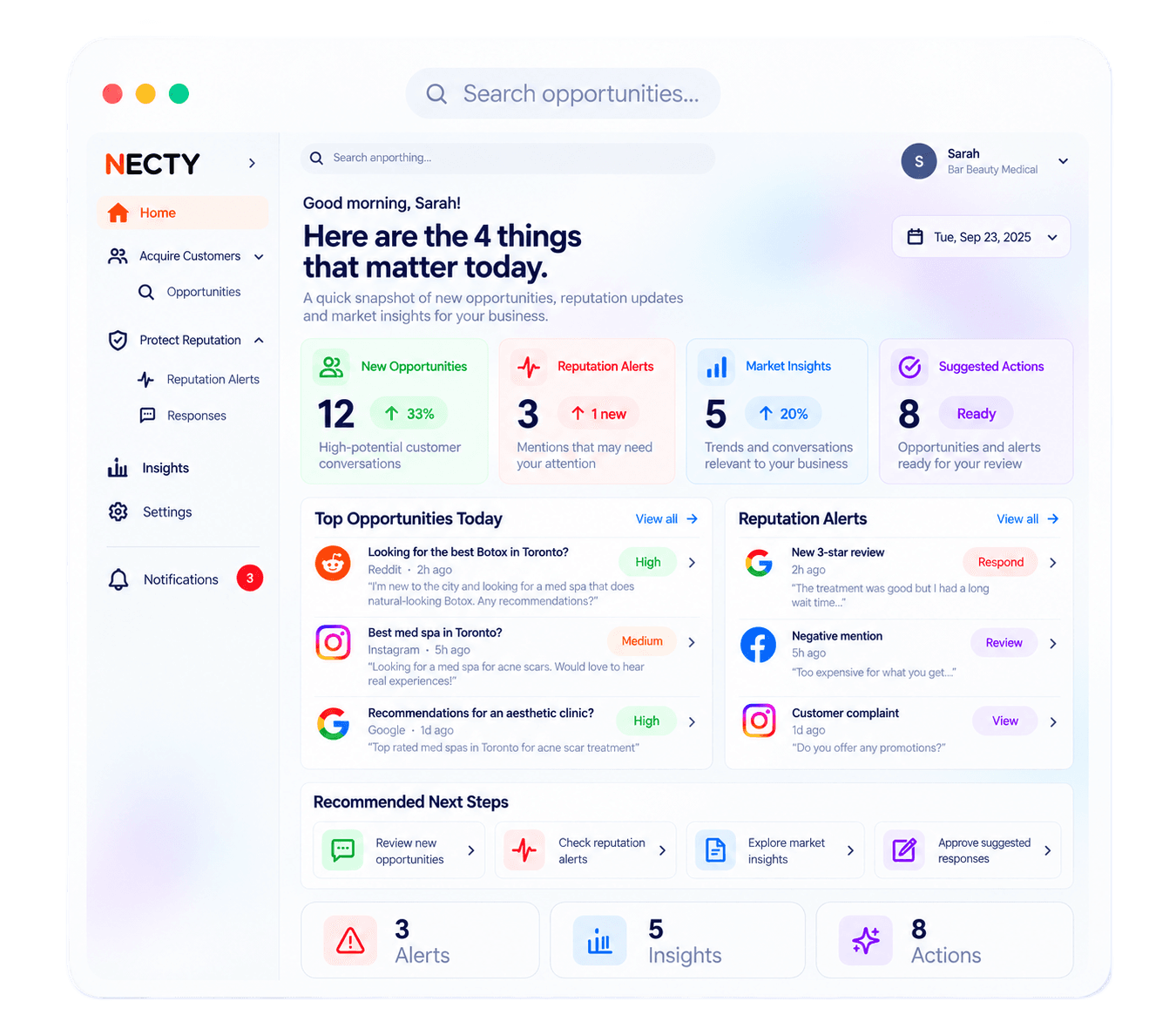 NECTY intelligence dashboard showing opportunities, reputation alerts, and market insights