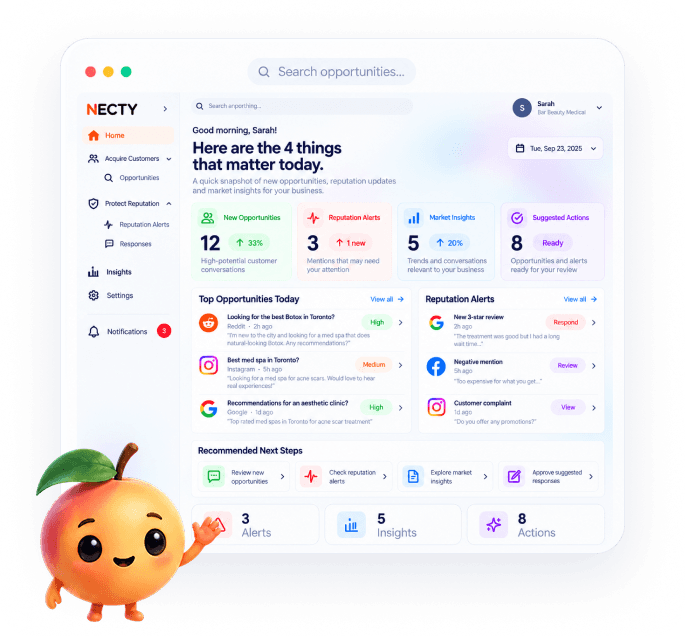 NECTY dashboard showing opportunities, reputation alerts, and market insights